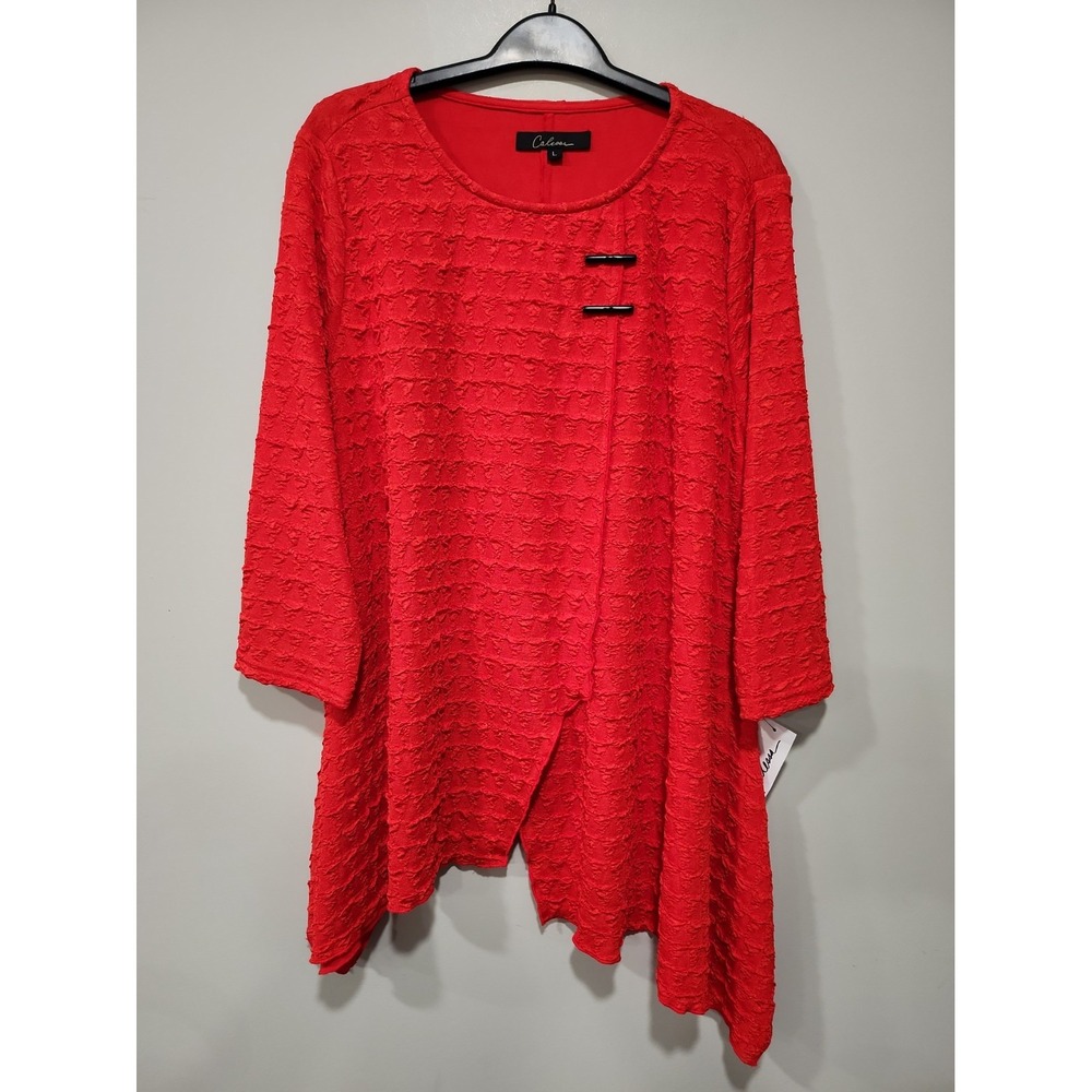 Calessa NWT Blouse Womens L Red 3/4 Sleeve Asymmetric Tunic Top Textured Boho